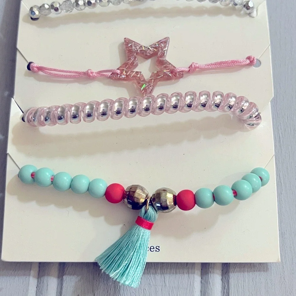 Cat & Jack Girls 5pc Bracelet Set Girl Power Star Tassel Pink Teal MULTI NWT